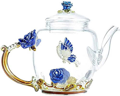 Teiera in vetro resistente al calore, set da tè con fiori di rosa per tè sfuso, bollitore per preparare e servire