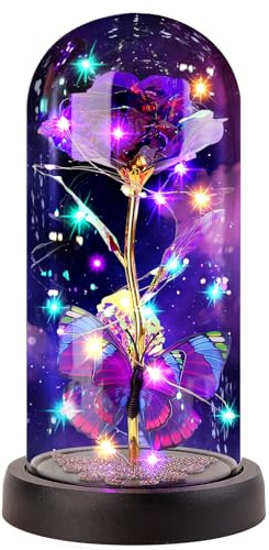 FAYODO Die Schöne und das Biest Ewige Rose, Blumen Geschenke für Mama, Rose in Einer Glaskuppel mit LED Licht Holzsockel für Freundin Frau am Weihnachten Muttertag Geburtstag Valentinstag Jahrestag