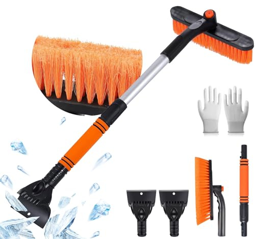 Funnity Eiskratzer Auto mit Besen, Effektiver Schneebesen Auto, Eiskratzer Auto mit Handschuh[Teleskop], Große Kante Borsten & Ergonomischem Schaumstoffgriff & Eiskratzer mit Besen(Orange)