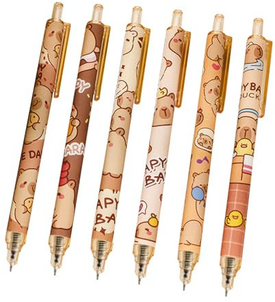 FEIEQILAI 6 Stück Capibala-Gelstift Niedlicher Capybara-gelstift Cartoon-Gelstift Einziehbarer schwarzer 0,5-mm-Stift Schnell Trocknend für Tagebuch Notizen niedliche Büro Schule