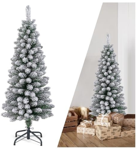 GYMAX Schmaler künstlicher Weihnachtsbaum 120 cm, Christbaum mit PVC-Zweigen & Metallständer, Tannenbaum mit weißem Kunstschnee bedeckt, für Innen & Außen