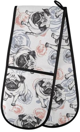 Ofenhandschuhe, doppelte Ofenhandschuhe, Mops, Hund, Haustier, weiß, hitzebeständig, gesteppt, für Grillen, Backen, Küche, Kochen, Handschuhe