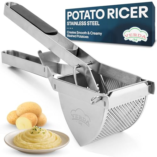 VerdaChef Stainless Steel Potato Ricer Masher – Heavy Duty 650ml Food Press with 2mm Holes, Soft Grip Handle – Baby Food & Vegetable Masher, Dishwasher Safe, Ergonomic Design for Smooth, Fluffy Mash