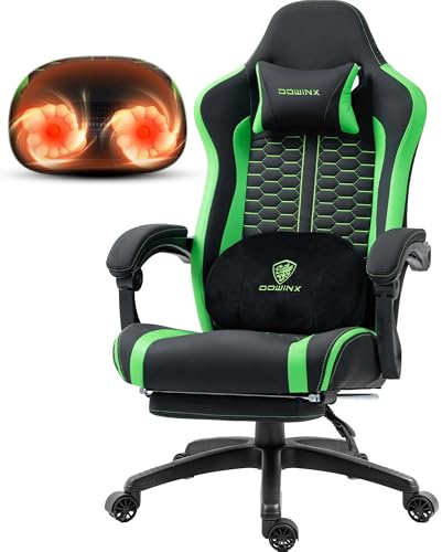 Dowinx Chaise de gaming avec massage chauffant et repose-pieds - Grande chaise de bureau ergonomique avec soutien lombaire et coussin à ressorts ensachés - Charge maximale : 160 kg - Chaise de bureau