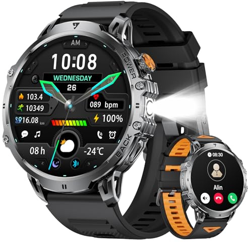 Montre Connectée Homme,1.85HD Grand Écran/1000 mAh Batterie/LED Lampe pour Android iOS, Smartwatch Homme avec Appel Bluetooth, 24/7 Fréquence Cardiaque, 100+ Modes Sportifs, IP68 Étanche, 2 Bracelets