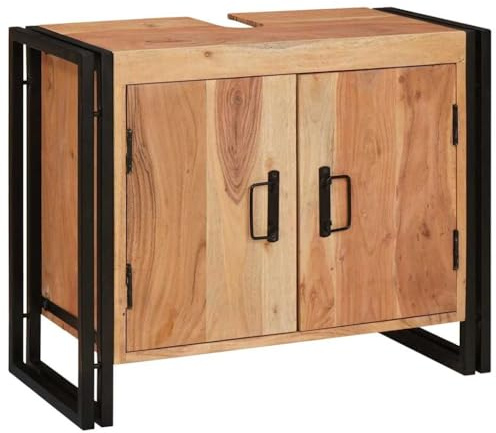 vidaXL Diskbänksskåp med hylla Brun 71 x 33 x 58 cm Massivt Akaciaträ, Modern badrumsförvaring, rektangulärt handfatsskåp, kompakt organiserare, hållbar järnram, stilren, platsbesparande