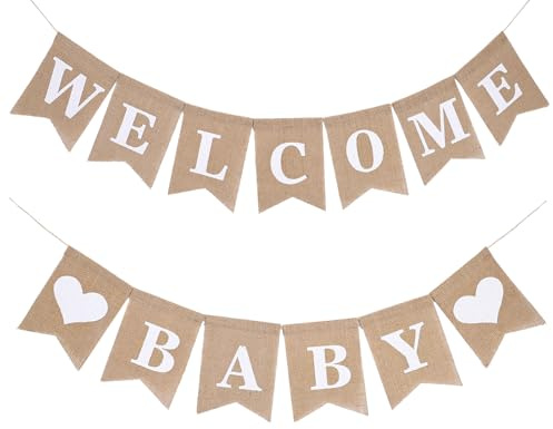 WJIAAA Vintage Leinen Welcome Baby Banner,Willkommen Zuhause Baby Rustikal Buchstaben Wimpel Sackleinen Girlande für Zuhause Party Empfang Babyparty Wimpelkette mit 13 STK Wimpeln