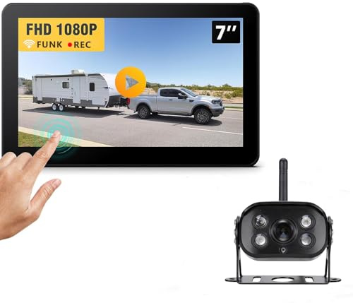 ANDUBEST Funk-HD Rückfahrkamera Kabellos: Einfache Installation & Stabiler Empfang, 150° Weitwinkel Rückfahrkamera mit Klarer Nachtsicht, DVR-Aufnahme 7 Monitor für LKW, Van, Wohnmobile, Anhänger