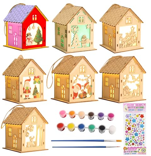 Tulov 7 Pieces Christmas Tea Light House Craft Set Children - Wooden Kit for Painting, Includes Tea Light, 12 Colours, 2 Brushes, Diamond Stickers, Christmas Decoration, Secret Santa House with Light