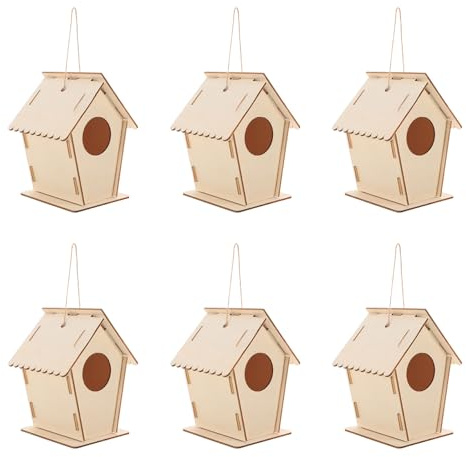 ORFOFE 6 Pezzi Kit Casette per Uccelli in Legno da Assemblare per Casette Piccole in Legno Naturale Non Verniciate con Cordicella per Appendere Facili da Montare e Dipingere DIY per