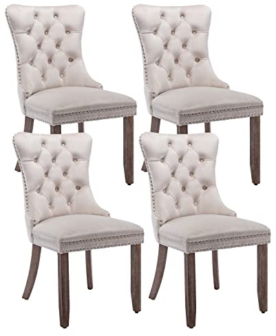 Beige Samt-Esszimmerstühle 4er Set, moderne gepolsterte Küchenstühle | Massivholzbeine; Flügelrückenlehne mit Knopfheftung; dekorativer Ringgriff; Ziernägel; bequeme Polsterung; einfache Montage