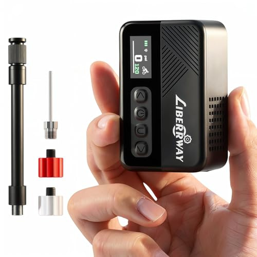 Mini Electric Bike Pump 120PSI with Pressure Gauge, Auto Stop & LED Light - Cordless Portable Bicycle Pump for Road, Mountain Bike, E-Bike, City and Fat Tyre Bikes with Presta & Schrader Valve