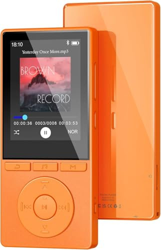 64GB MP3 Player Bluetooth 5.3, MP3 Player mit Lautsprecher, Musikwiedergabe, Sprachrekorder, E-Book, HiFi-Sound, Kopfhörer, MP3-Player Ideal für Sport, Support 128GB TF Card, Orange