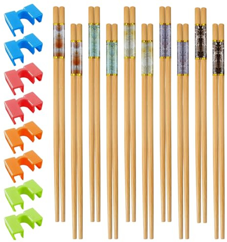 10 Pairs Resusable Wooden Chopsticks,Chinese Non-Slip Chopstick Set with 8 Chopstick Assistant for Beginners for Sushi Rice Noodles Asian Dishes,Dishwasher Safe