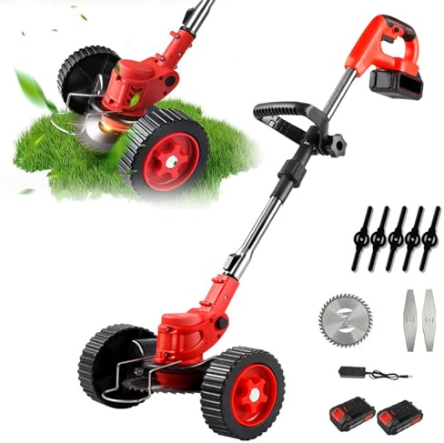 Desbrozadora a Batería Sin Cable 21V, Desbrozadora eléctrico Plegable, con 2 baterías y 3 Cuchillas, Longitud retráctil, Ideal para Jardín, Césped y Patio (Batería Doble roja)
