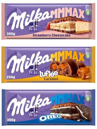 Milka MMMAX Schokolade Mix 3 Sorten – Oreo 300g, Strawberry Cheesecake 300g, Luflée Caramel 250g – Großpackung 850g – Schokoladentafeln Set