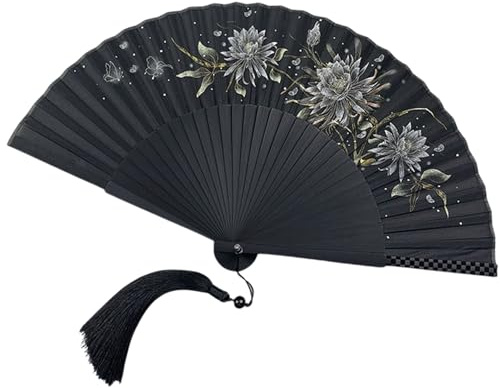 GFM® Exquisite Japanese Design Hand Painted Bamboo Silk Handheld Folding Wood Wooden Hand Fan for Summer, Wedding,Party Favour etc (EX-A) (F10-31-Black Flowers)(FLSLK-JF-F10-31)
