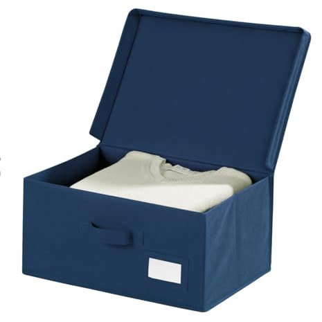 WENKO Aufbewahrungsbox Air S, mit klappbarem Deckel, praktischem Griff und Beschriftungsfenster, schützt vor Motten, Staub und Schmutz, aus atmungsaktivem Vlies-Material, 34 x 19 x 24 cm, Navy