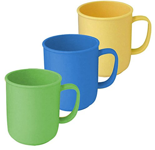 3 Tassen mit Henkel à 300 ml wiederverwendbar aus Kunststoff in den Farben Gelb, Blau und Grün, Kaffeetasse Teetasse Becher Henkelbecher Henkeltasse