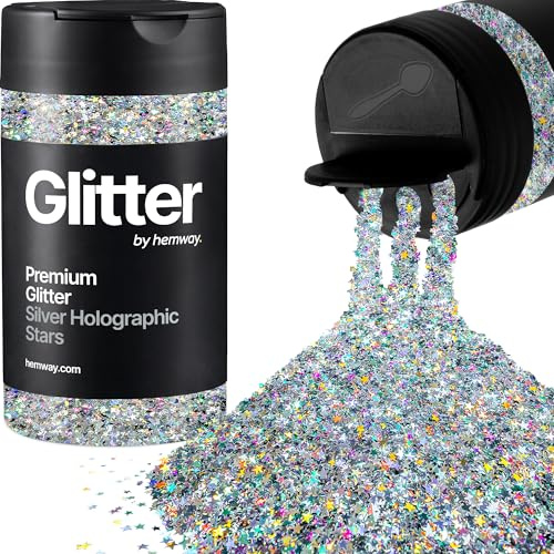 Hemway Silberne Holografische Sterne Glitzer Formte 78g/2.8oz Pulver Metallisches Harz Handwerk Glitzer Flocke Pailletten für Epoxid Becher, Haare Gesicht Körper Auge Nagelkunst Fest