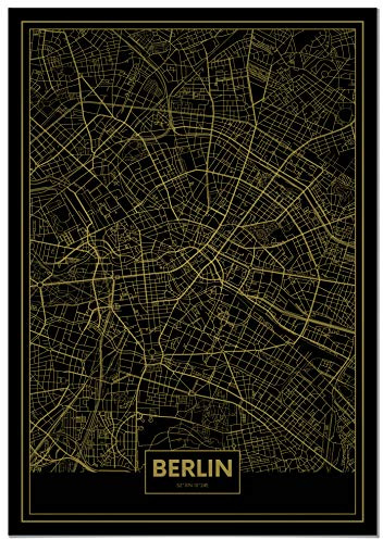 Panorama Lienzo Mapa Oro de Berlín 70x100 cm - Bastidor Incluido - Cuadros Decorativos para Salón - Decoración Moderna