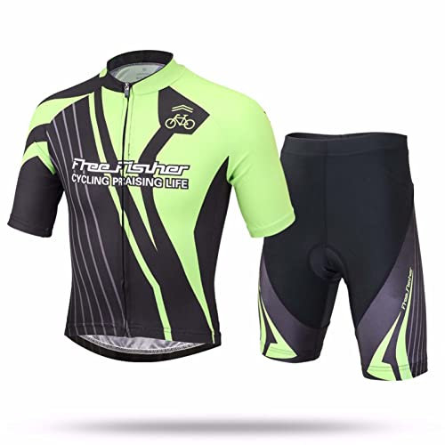 YFPICO Kinder Radtrikot Set Fahrrad Trikot Kurzarm + Radhose mit Sitzpolster Radsport-Anzüge Jungen Mädchen Fahrradbekleidung, Schwarz+Grün, 134/140