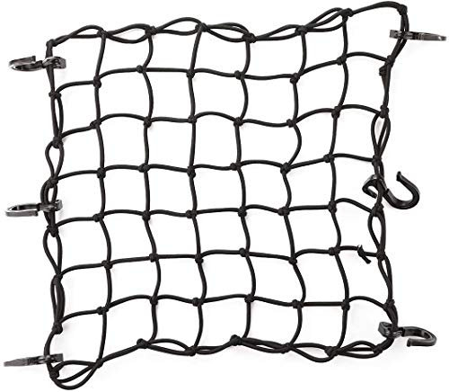 CZC AUTO 38x38cm Black Latex Bungee Cargo Net Strech to 76x76cm, Gear Helmet Luggage Netting with 5X5cm Small Mesh and 6 Adjustable Plastic Hooks for Motorcycle Bike Paddleboard Quad Canoe Moped ATV