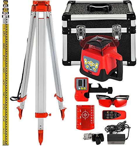 VEVOR Nivel de Láser Rojo Rotatorio Auto-Nivelante 250m, Kit de Trípode y Bastón para Niveles Automáticos 5 m, Trípode de Nivel Plegable para Herramientas Automáticas de Medida y Láseres, ± 5°