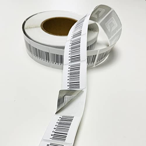 RF-Klebeetiketten 40x40 mm mit Barcode, Rollenetiketten 1000 o 2000 Stück, Anti-Diebstahl-Etiketten Ideal für Geschäfte und Unternehmen, Alarmaufkleber, Kleideralarm mit 8,2 MHz RF EAS. (1000)