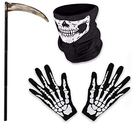 O-Kinee Sensenmann Zubehör mit 95cm Sensenmann Sense und Gruseligen Skeletthandschuhen,Schädelmaske,Maske Skelett Handschuhe,Halloween Sichel Waffe Requisite Kostüm für Cosplay, Mottoparty, Karneval