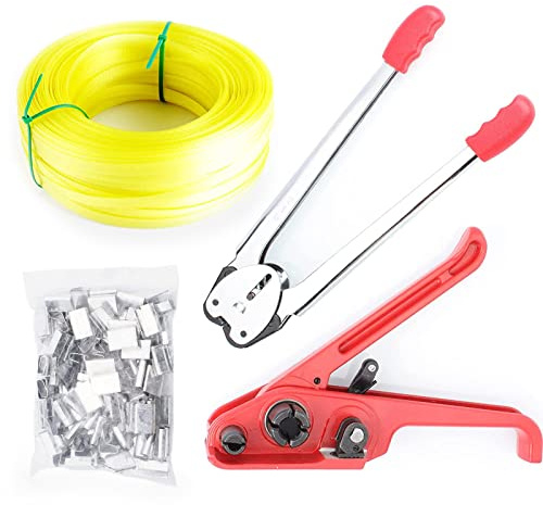 Set di strumenti di sigillatura e tenditore per imballaggi | 100 metri di cinghia in PP e 50 chiusure, realizzata in materiale resistente, adatta per imballaggi e spedizioni su piccola