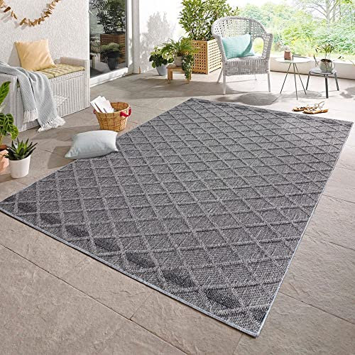 Carpetsale24 In & Outdoor Bouclé Teppich Läufer wetterfest Grau 80x150 cm Skandinavische Rauten Design 3D Hoch Tief Effekt ideal für Flur Balkon oder Küche
