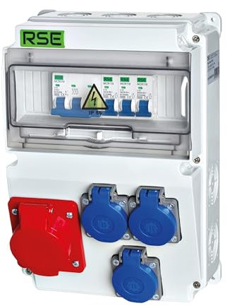 RSE Distributore di corrente da parete, completamente cablato, 4 circuiti, 128 A, 230 V, IP65, 210 x 122 x 210 mm, CEE Bals, Schuko, LS, RSE-001739