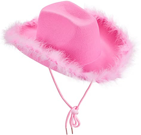 DELIMALI Cowgirlhut, Cowboyhüte für Damen, flauschige Federkrempe, Cowboyhut für Junggesellinnenabschied, Cosplay, Kostümparty, Rosa, 32 x 42 x 18 cm