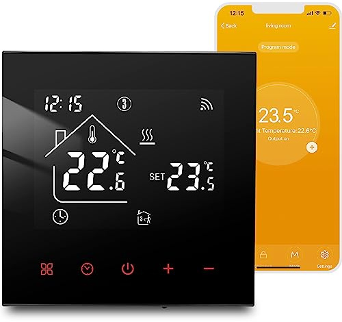 Fussbodenheizung Thermostat Digital für Wasser Heizung, WiFi Smart Raumthermostat Fußbodenheizung Programmierbar Kompatibel mit Tuya Alexa und Google Assistant, Touchscreen Digital Schwarz 3A