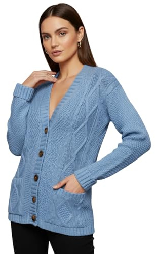 LUXFAB Womens Long Sleeve Button Top Cardigan Chunky Aran Cable Knit Grandad Style Sweater Everyday Casual Warm Knitted Ladies Cardigan UK Sizes 8-26 Sky Blue