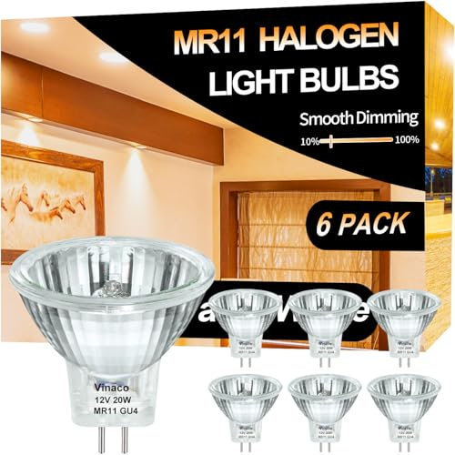 Vinaco GU4 20W, 6 Pack High Power 250LM MR11 Halogen, Durable MR11 12V Dimmable with Glass Cover, Warm White 2800K Fiber Optic Light Bulb, Halogen 12V 20W with GU4 Base