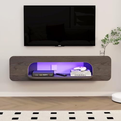 Pmnianhua Floating TV Stand with LED Lights, Wall Mounted TV Shelves with 1 Open Shelf, Modern Entertainment Media Console Center Large Storage Shelf Under TV for Living Room (120cm, Dark Grey)