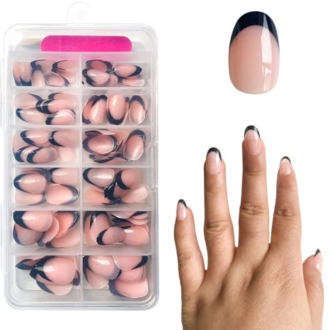 ZAHRVIA Falska nageltips - franska falska naglar - 120 st konstgjorda naglar korta vita nagelkonst manikyr falska naglar (Black Arc Round French)