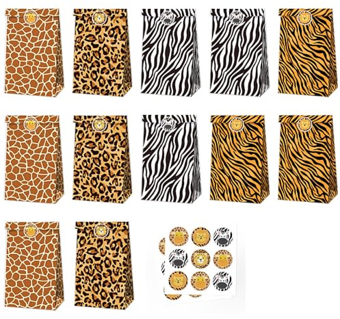 POFET Confezione da 12 Sacchetti di Caramelle con Stampa Animalier, Sacchetti per Dolci con Biscotti in Carta con Motivo Leopardato, Zebra e Leone