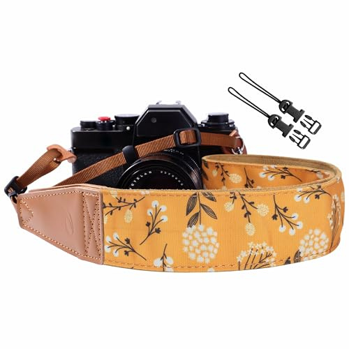 Padwa Lifestyle Kameragurt - 2“ Vollnarbenleder Kameragurte für Fotografen, Vintage bestickt Baumwollgewebe weiches Wildleder Stoff gepolstert Riemen Schnellspanner passt alle Kameras - Senfgelbe