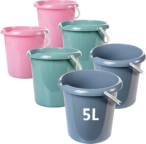 Sustania Eimer Putzeimer 5 Liter, 6 Stück Plastikeimer, Wassereimer in 3 Farben, Haushaltseimer aus Stabiler Kunststoff, Putzeimer mit Ausguss und Mess-Skala, lebensmittelecht, Model Teo, Made in EU