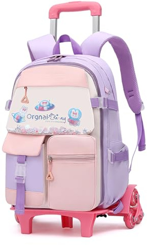 IvyH Trolley Rucksack mit Rollen, 16 Zoll Modisch Kinder Schulranzen mit Rollen für Mädchen, Abnehmbare Schulrucksack Trolley mit Räder, 1-4.Klasse, Lila