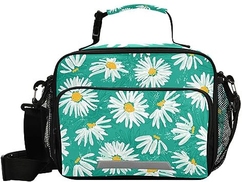 Mnsruu Lonchera Niña con diseño floral de margaritas, Bolsas para llevar comida, Lonchera grande aislada para niños y niñas, reutilizable, con correa para el hombro