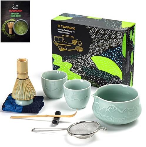 TEANAGOO Matcha Set Matcha Vis Matcha Bowl med pip Shovel Matcha Visp Hållare Te Preparation Set. Japansk teservisis (7 stycken) + 2 koppar (5.6 oz), S36, Celadon Blue