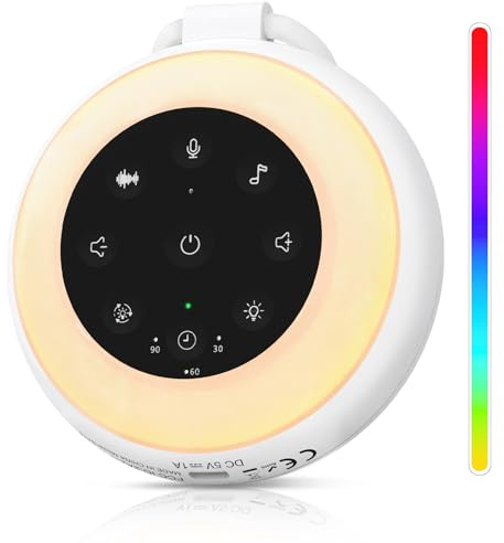ORIA Macchina per Rumore Bianco, Macchina per Suono per Bambini con 24 Suoni, 15 Volumi Regolabili, Luce Notturna a 8 Colori, Timer e Registrazione, Durata della Batteria di 12 Ore - Bianco & Nero