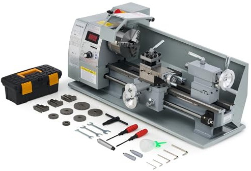 CREWORKS 750W Mini Tour à Métaux d'Établie 210x400mm 8x16 Haute Précision avec Mandrin à 3 Mâchoires et Vitesse de Broche Max. 2500rpm Écran LCD pour Filetage Tournage Perçage