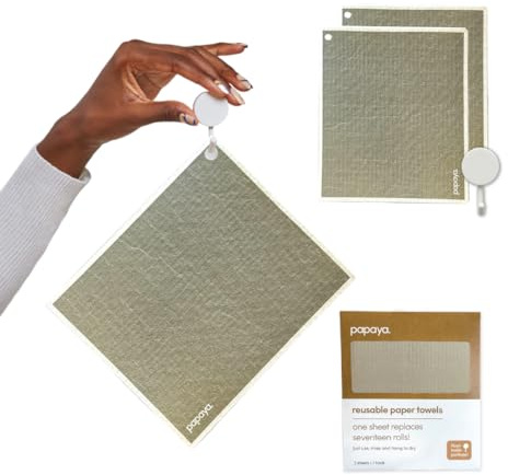 Papaya Paquete de 2 toallas de papel reutilizables, 2 hojas + 1 gancho, secado rápido, sin olor, 1 hoja reemplaza 17 rollos, paño de cocina lavable, esponja sostenible, regalo ecológico