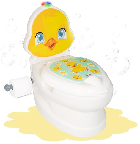 Lemodo Kindertöpfchen Töpfchen Kinder ab 18 Monate Kindertoilette Babytopf mit Spülgeräusch herausnehmbarer Innenbehälter rutschhemmender Boden Toilettenpapierhalter Töpfchentraining (Küken)