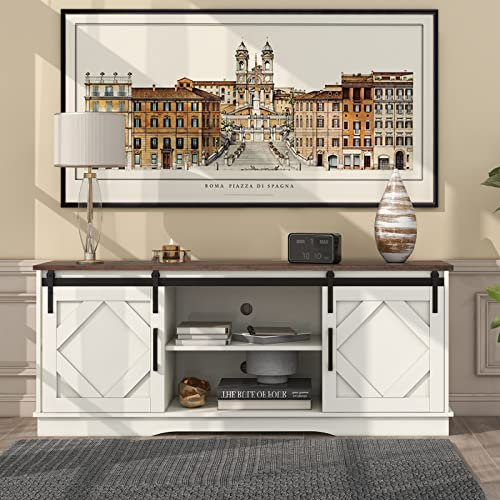 Armoire TV, armoire de cuisine, armoire de rangement au design industriel avec 2 portes coulissantes et étagères réglables, buffet de style maison de campagne, armoire multifonctionnelle, 150 x 40 x
